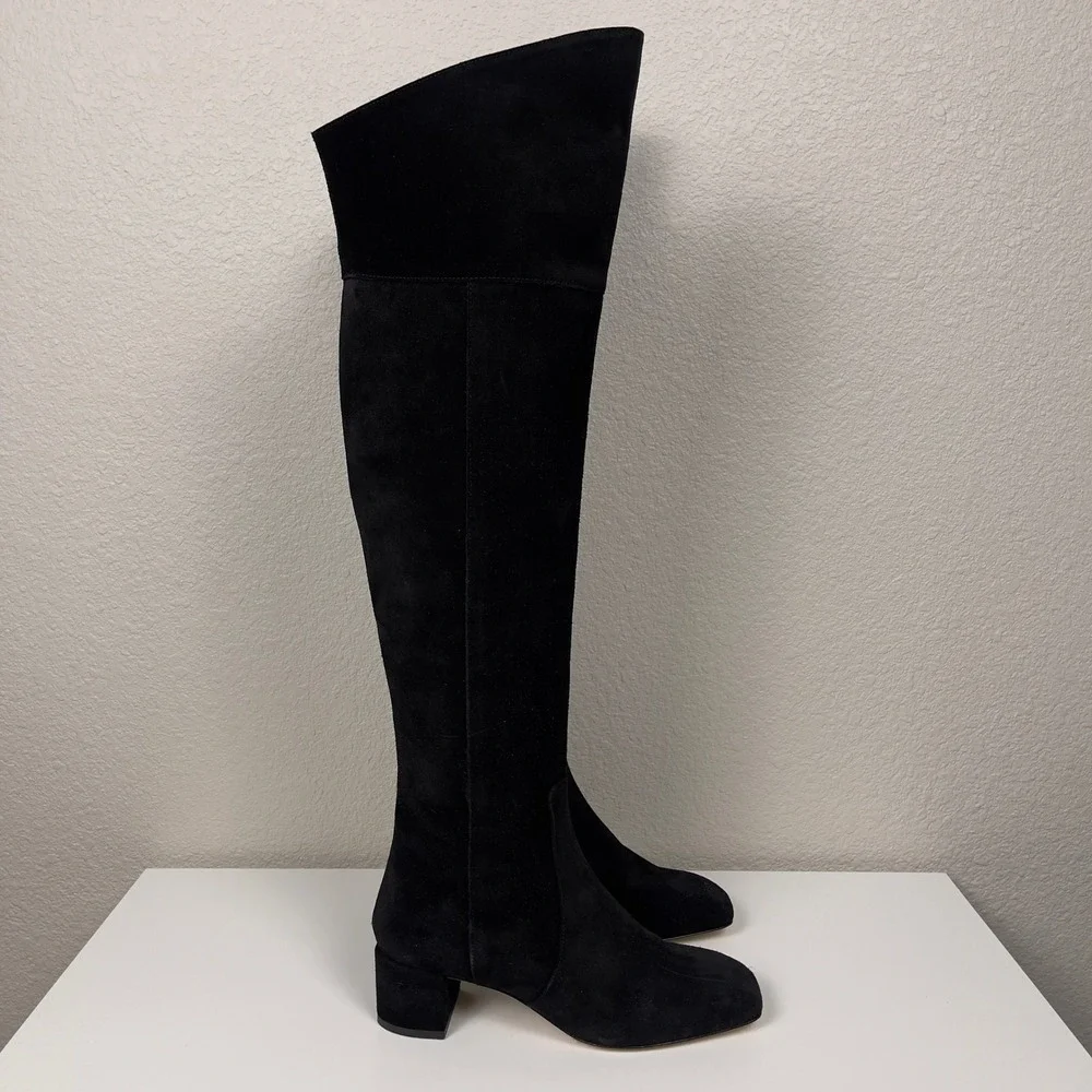 AEYDE Letizia Over the Knee‎ Boots Black Suede Square Toe Block Heel EU 37